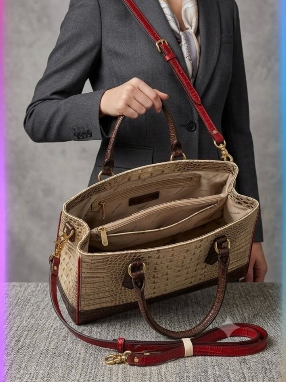 🤍 Brahmin Tri-Color Croc Embossed Leather Shoulder Satchel/Crossbody - Picture 12 of 14